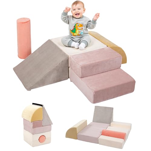 BanaSuper 5 Bloques de Espuma para Escalada, Gimnasio Interior para Bebés, Carrera De Obstáculos De Interior, Convertible y Tapete de Juego, Desarrollo Psicomotor para Casa y Guardería, Rosa