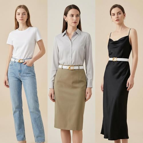 SYMOL Ceinture Femme Cuir Véritable Ceintures Ceinturon 24mm Casual Classique Rétro pour Jeans Pantalon Robe.(Blanc,Tour de taille 85-95cm = totale 110cm) – vue 5