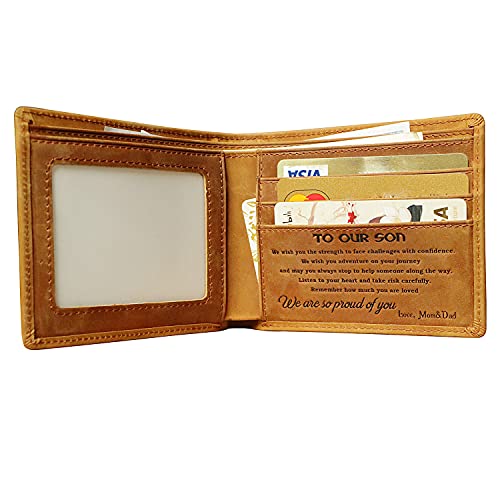 Mens Wallet to my Son Engraved Personalized Wallet for Men,Sons Wallet,Mom to Son Genuine Leather RFID Blocking Wallet (MOM AND DAD TO SON)