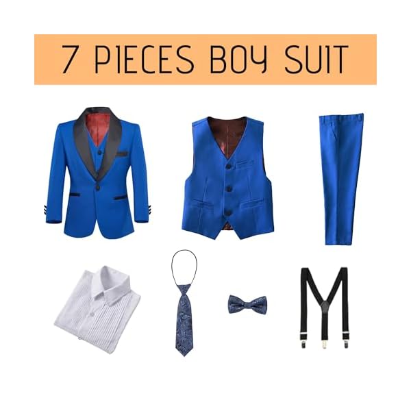Boy's Formal Suit 7 Piece Slim Fit Tuxedo for Kids Teen Boys Jacket Vest and Pants Set for Wedding with Bow Tie Suspenders - Image 6