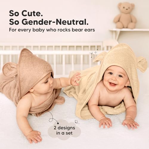 Image of KeaBabies 2-Pack Hooded Baby Towels for Newborn - 35x35 Soft & Absorbent Viscose From Bamboo Baby Bath Towels with Hood for Infant, Toddler, Kids, Boys Girls, Newborn Bath Essentials (Almond, Regular)