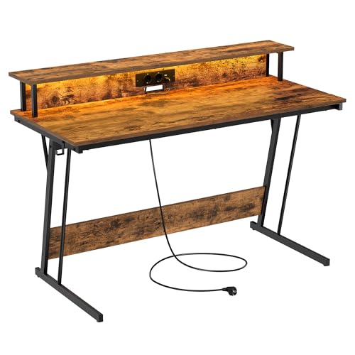 VASAGLE Scrivania da Gaming con Luci LED e Prese di Corrente, Scrivania da Computer, Supporto per Monitor, Tavolo per 2 Monitor, Ufficio, Camera da Letto, 55 x 135 x 76 cm, Marrone Vintage LWD117K01