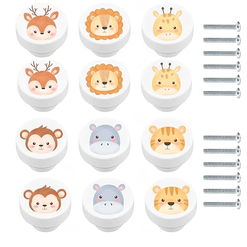 Tiradores infantiles de madera blancos + tornillos - tiradores armarios blancos 3,4cm-pomos y tiradores infantiles con dibujos de animales-pomos infantiles para cajones,armario (12, Blanco Animales)