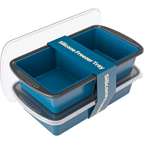 GORCI Silicone Freezer Tray With Lid, 4 Large 2 Cup Soup Freezer Molds, Soup Freezer Container for Meal Prepping, Large Ice Cube Tray, Perfect for Storing Leftovers, Sauces, Lasagna, 2-Pack