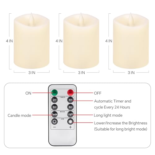 Image of 3x4 Flickering Flameless Candles Set of 3,Real Wax Pillar LED Candles,with Timer,4 inch Flameless Candles with Remote,for Party Wedding Holiday Home Decor,Ivory