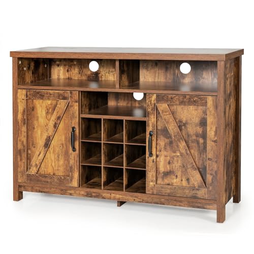GiantexUK Kitchen Buffet Sideboard, Wooden Storage Cabinet with 9 Wine Compartments, Adjustable Shelves, 2 Doors & 5 Cable Holes, Industrial Display Cupboard for Dining Living Room