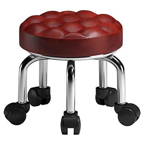 AkosOL Taburete Giratorio con Ruedas, Taburete bajo Redondo con 5 Ruedas, Asiento de PU, Estructura de Acero al Carbono, para Cambiar Zapatos de Entrada y Trabajo doméstico, Limpiar el Piso