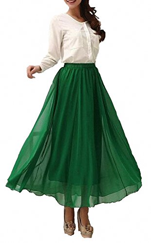 Afibi Womens Chiffon Retro Long Maxi Skirt Beach Ankle Length Skirt (Medium, Green)