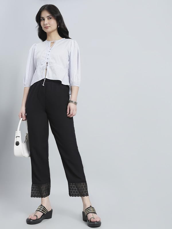 Image of GO COLORS Rayon Blend Ethnic Pant Organza for Women Full Length| Mid Rise, Lace Design