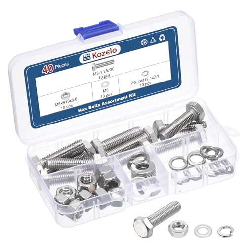 Kozelo 40Pcs Bolts and Nuts Washers Kit-M8-1.25x30 304 SS Hex Tap Bolt