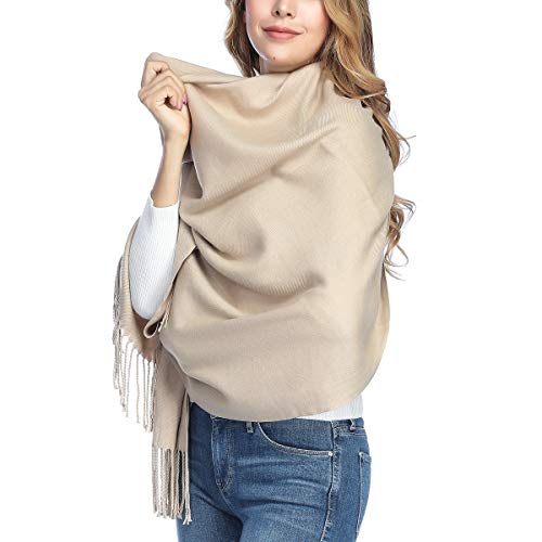 OHAYOMI Aone Womens Thick Soft Cashmere Wool Pashmina Shawl Wrap Scarf - Warm Solid Color Stole(Light Camel)