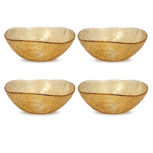 Kit 4 Bowls de Vidro Âmbar 400ml Texturizado | Tigelas para Sobremesa, Sopa, Caldos, Frutas e Cereais