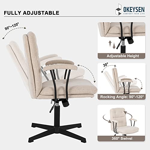 Okeysen Modern Office Desk Chair, Vanity Chair With Removable Padded Armrests For Home, Ergonomic Swivel Chair With No Wheels, Linen Padded Comfy Chair With Premium Thick Cushion #TOP2