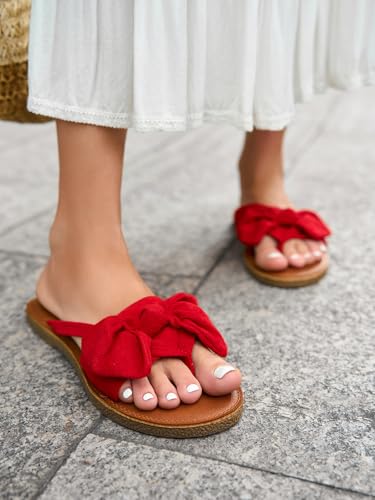Image of FISACE Womens Bow Flat Sandals Flip Flops Slide Sandals Summer Beach Shoes