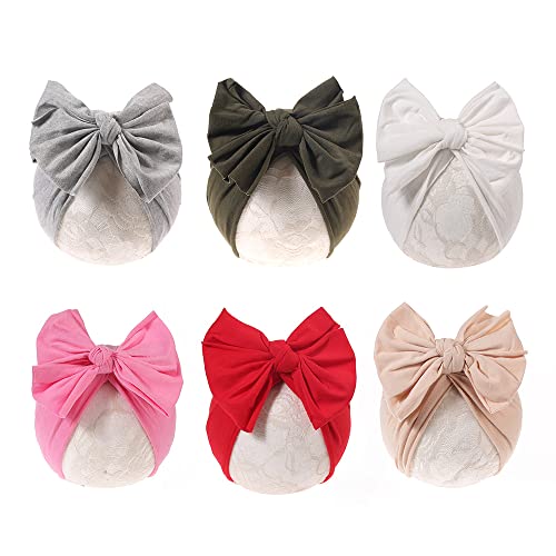 Image of Baby Girl Velvet Big Hair Bow Knotted Head Wrap Oversized Bow Beanie India Cap Warm for Newborn Infant Toddlers 6PCS