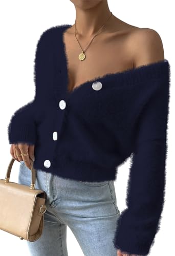 Pink Queen Women's Furry Cropped Cardigan Batwing Sleeves Open Front V-Neck Button Down Loose Casual Knit Sweater Coat