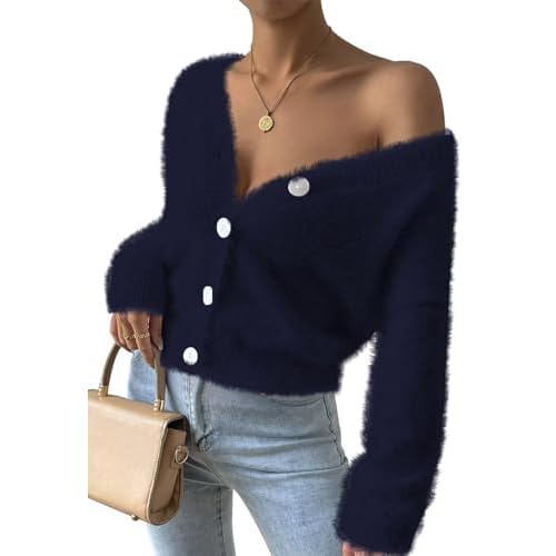 Pink Queen Women's Furry Cropped Cardigan Batwing Sleeves Open Front V-Neck Button Down Loose Casual Knit Sweater Coat Large Navy