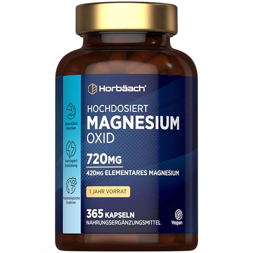 Magnesium Oxid 720mg | Jahresvorrat - 365 Vegane Kapseln | Davon 420mg elementares Magnesium pro Stück | Horbaach