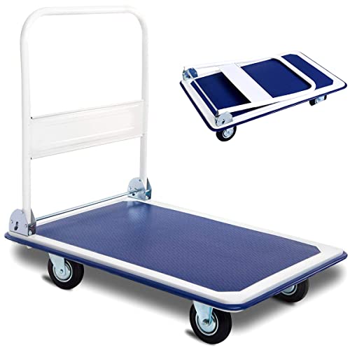 COSTWAY Chariot de Transport Chariot à Plateforme Pliant Hauteur Réglable avec 4 Roues en Caoutchouc Charge de 300 kg