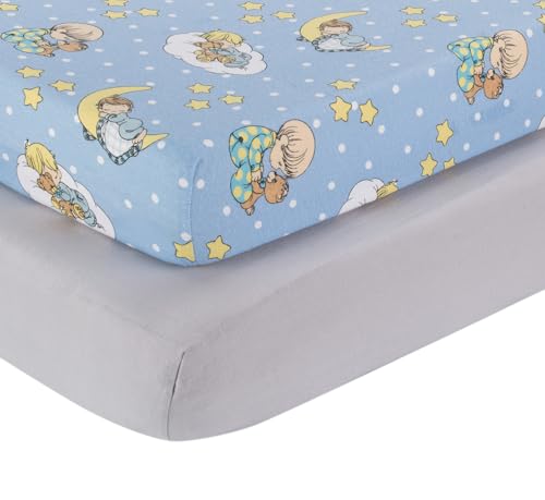 Image of 2 Pack Fitted Crib Sheets for Boys in 100% Jersey Knit Cotton - Blue and Yellow Precious Moments Design Plus Solid Gray Boy's Crib Mattress Sheets by Everyday Kids