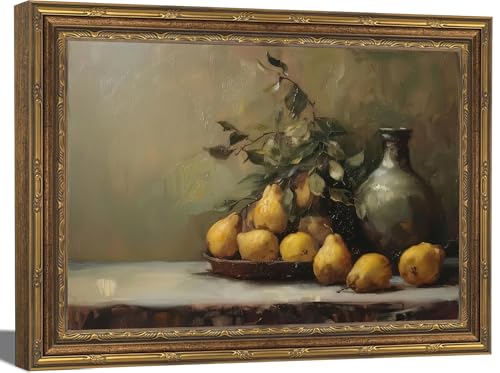 XXG Vintage Gold Framed Still Life Wall Art, Pears in Bowl Painting Print, Retro Canvas Poster Picture, Classic Fruit Still Life Home Wall Decor for Kitchen Dining Room, 9x11Inch Ready to Hang