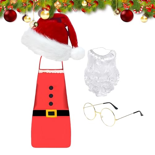 Vitsrisea Disfraz de Papá Noel para hombre | Juego de gafas para barba de Papá Noel, gorro de Navidad, delantal, barba, gafas, disfraz, mujer, hombre, juego de rol, fiesta, cosplay, actuaciones