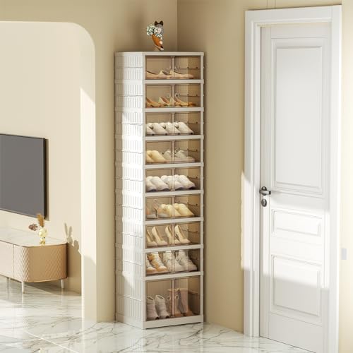 Image of SYNCVIBE Shoe Rack Organizer for Closet Entryway 9 Tiers-18 Pairs Foldable Sneaker Storage Shoe, Collapsible Shoe Cabinet with Doors, Stackable Shoe Storage Cabinet with Lids for Living Room