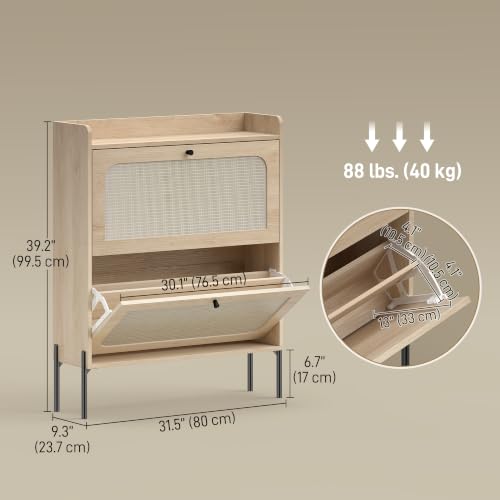 Image of HOMCOM Shoe Cabinet with 2 Flip Drawers and Rattan Doors, Narrow Shoe Storage Cabinet with Adjustable Shelves, Raised Tabletop, Boho Storage Organizer for Entryway, Hallway, Holds 12-16 Pairs, Oak