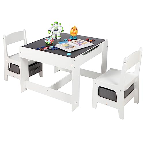 Image of RedSwing Kids Table and Chair Set, 3 in 1 Wooden Childrens Craft Table with 2 Chairs Storage Drawers, Toddler Activity Art Table for Drawing, Playing, Reading