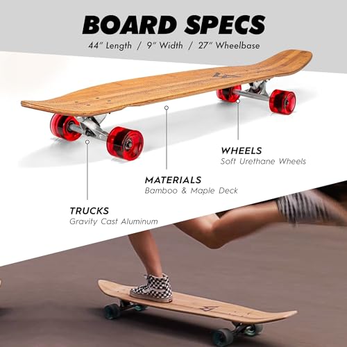 Magneto 44 inch Kicktail Cruiser Longboard Skateboard | Bamboo and Hard Maple Deck | Made for Adults, Teens, and Kids (Red)