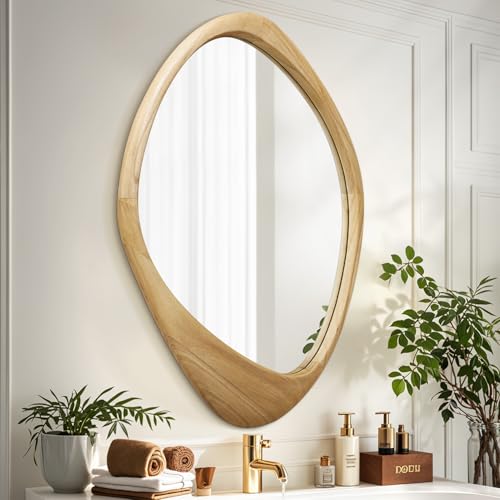 AAZZKANG Grand miroir mural avec cadre en bois irrégulier, 70 x 50 cm, miroirs décoratifs asymétriques à suspendre pour salle de bain, chambre à coucher,...