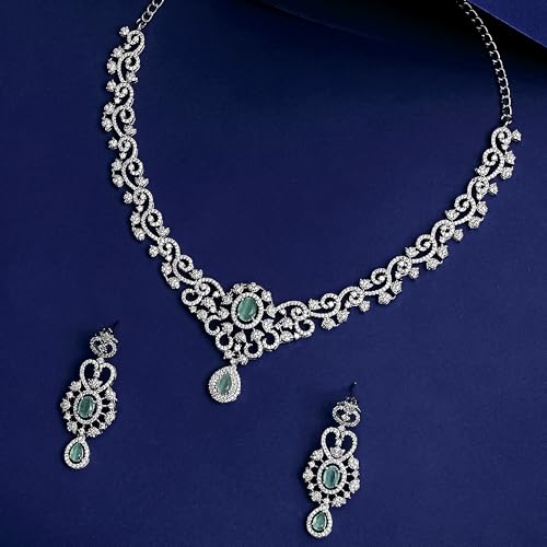 Image of ASMITTA Rhodium Plated Choker Jewellery Set for Women Girls | Silver Toned White & Baby Pink CZ American Diamond Necklace Earrings Combo | Stylish Contemporary Jewelry for Wedding Party