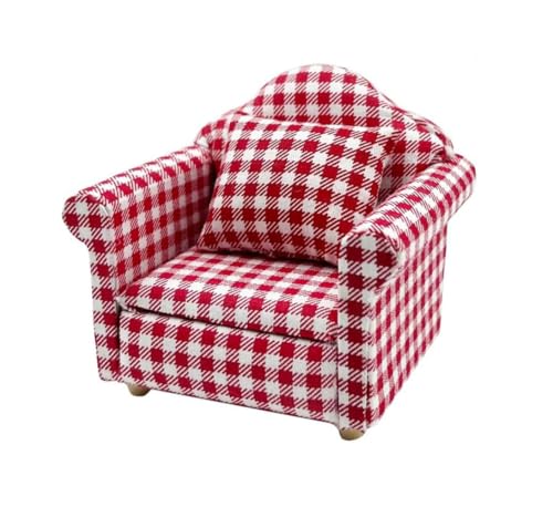 LATRAT Dockhus, soffa, 1:12, dockhus, miniatyr, möbler, modell, duk, blommönster, soffa, fåtölj, soffa med kudde, tillbehör, blommönster, minimöbler, soffset med ryggkudde, rött rutnät