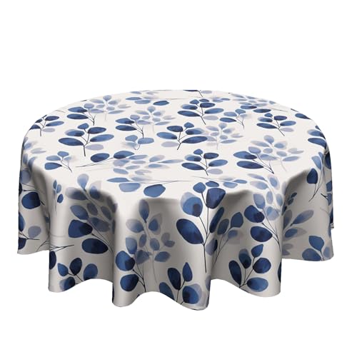 Granbey Blue Floral Round Table Cloth - Navy Leaf Tablecloth 60 Inch Botanical Plant Table Cloth Spring Summer Table Cover for Home Kitchen Party Picnic Dinner