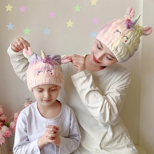 Mikrofaser Handtuch Haare Set für Haar schnell trocken, Einhorn Haarturban Kinder für Damen & Mädchen, Haartrockentuch Turban Weiche Saugfähig Turban Kopfhandtuch für alle Haartypen