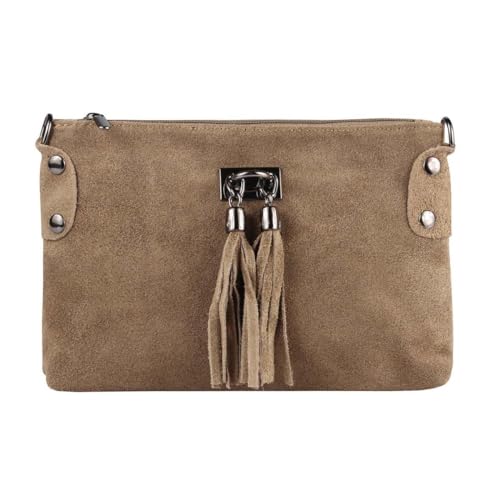 ITALYSHOP24 Made in Italy Damen Leder Clutch Tasche Wildleder Handtasche Umhängetasche Ledertasche Schultertasche Beuteltasche Fransen Cross-Over (Taupe), ca.: 24x16 (BxH)