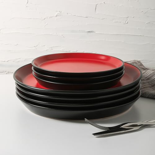 Image of Stone Lain Albie Stoneware 32 Piece Modern Dinnerware Set, Plates and Bowls Sets, Service for 8, Red and Black, Microwave & Dishwasher Safe