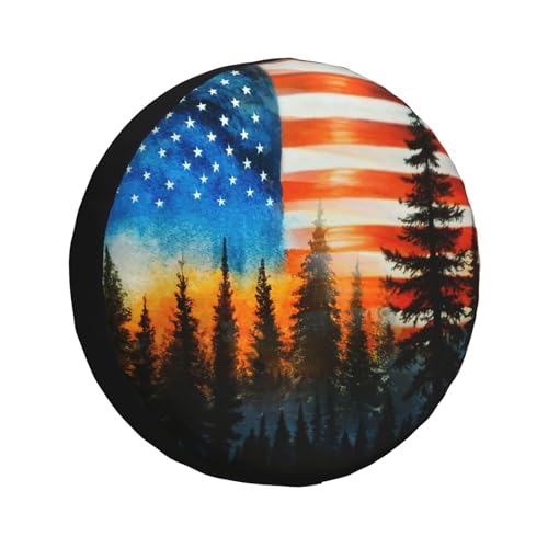 Image of American Flag Sunset Landscape Spare Tire Cover Universal Fit for Trailer RV SUV Truck Camper Weatherproof Wheel Cover 17 inch