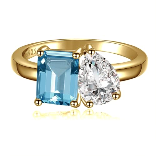 Toi Et Moi 925 Sterling Silver Women Engagement Ring 14K Gold Plated 1.5ct 6x8mm Double Stone Emerald & Pear Aquamarine Cut Wedding Band Width 2mm Size 5-92