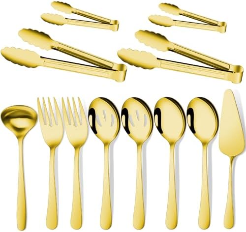 Gisly Gold 12 Pieces Serving Utensils Include Large Serving Spoons,Slotted Serving Spoons,Serving Forks,Serving Tongs,Appetizers Tongs,Soup Ladle and Pie Cake Server for Buffet Catering