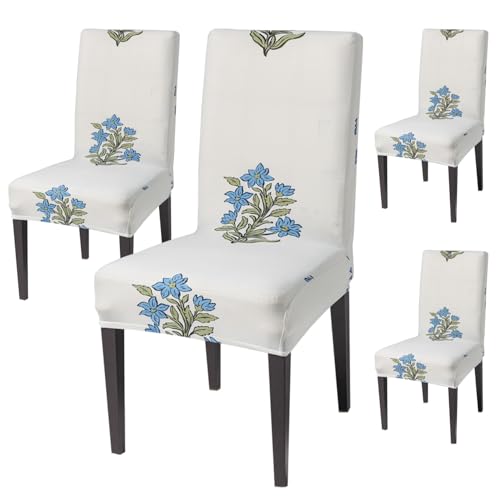 Image of House of Quirk Elastic Chair Cover Stretch Removable Washable Short Dining Chair Cover Protector Seat Slipcover (Pack of 4, Beige Wildflower)