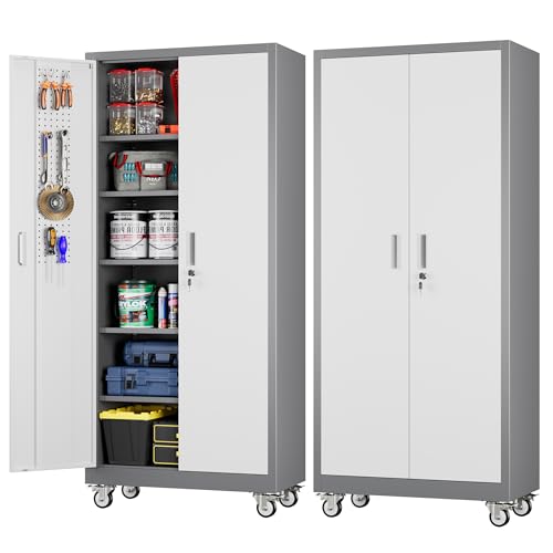 Image of Aobabo Upgrade 71H''*32''W*16''D Metal Garage Storage Cabinet with Wheels and Pegboards, 5 Adjustable Shelves Steel Storage Cabinets for Home,Warehouse,Garage,Assembly Required,Grey and White