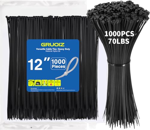 1000 Pack Zip Ties 12 Inch Long Cable Ties Heavy Duty 70 Pounds Tensile Strength, Premium Plastic Wire Ties Straps Self-Locking Black Nylon Ties Wraps for Indoor and Outdoor