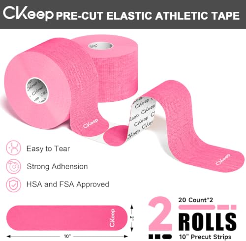 Image of CKeep Kinesiology Tape, 2 Rolls 2 Inch Wide Elastic Precut Strips, Pink | Cotton Latex Free Hypoallergenic Breathable Athletic Tape, Sticky & Waterproof Kinetic Tape for Joint Support Injury & Sprain