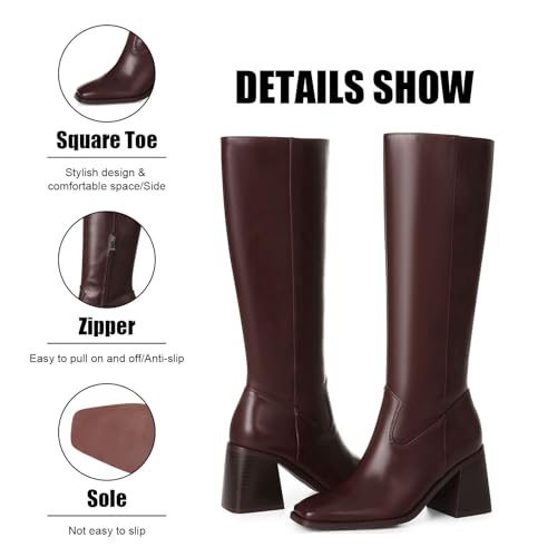VOMIRA Knee High Boots Women Wide Calf Boots for Women Square Toe Tall Boots Chunky Heel Leather Long Boots Winter Fall Boots Black Boots for Women3