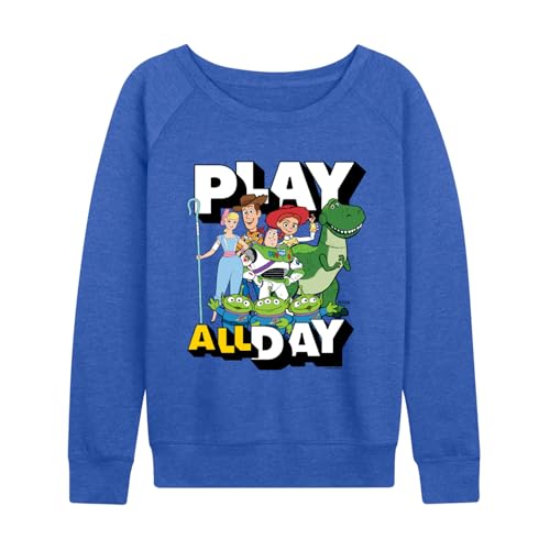 Disney Toy Story - Play All Day - Women's French Terry Long Sleeve Pullover - Size Large Heather Royal Blue