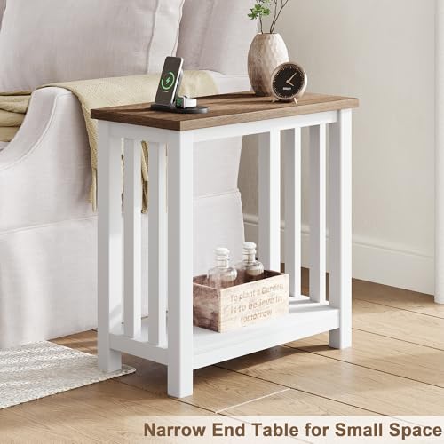 ChooChoo Farmhouse End Tables Set of 2, Narrow Side Tables for Small Spaces, Night Stands with Storage Shelf for Living Room and Bedroom, White and Brown - Thumbnail 6