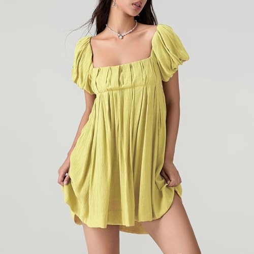 Image of Women Y2k Puff Sleeve Babydoll Dresses Square Neck Tie Back Mini Dress Summer Solid Off Shoulder Flowy Sundress