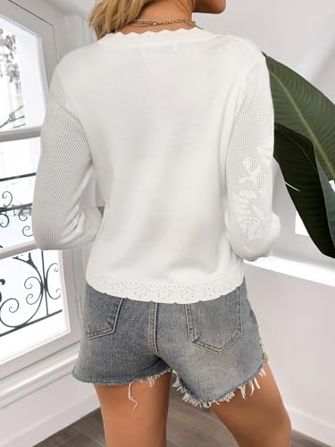 Image of Women Crop Cardigan Sweaters Lightweight 3 /4 Sleeve Button Up Crochet Shrug | Textured Bolero For Dresses Dressy Casual, V Neck, Ladies Eyelet Shawl Thin Trendy