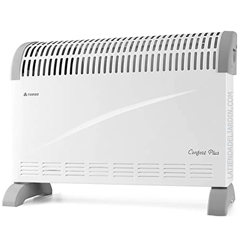 Convector con turbo. Potencia máxima 2000W. 3 niveles de potencia: 750, 1.250 y 2.000 W. Termostato regulable.